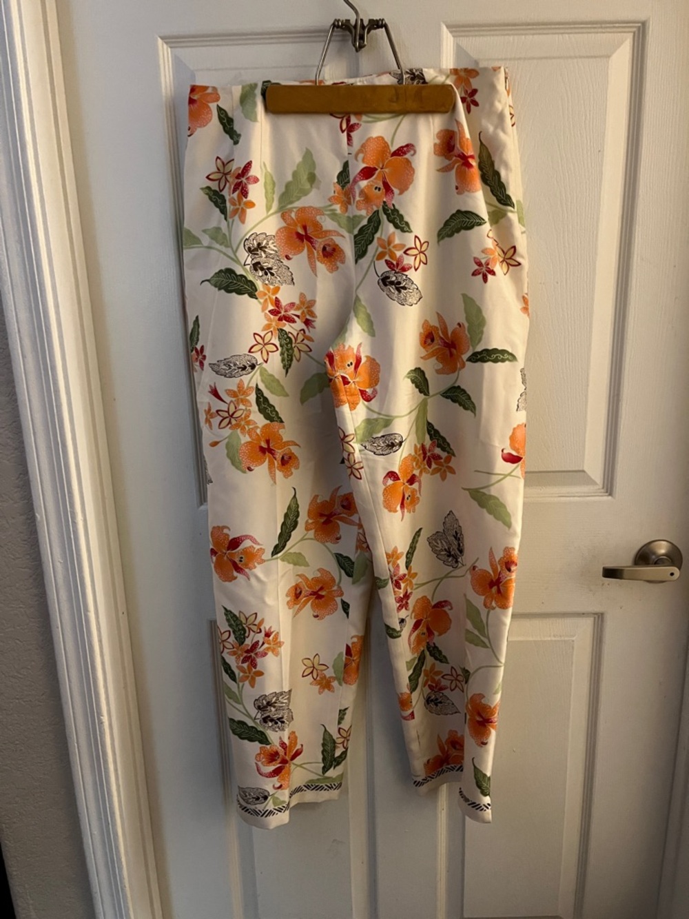 Talbots Silk White Pants with Orange Floral Print, Size 12